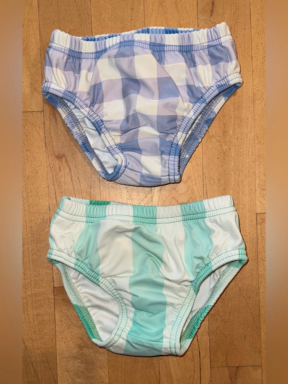 Bundle of two Primary Baby Swim Diaper size 2 blue checkered and green stripe